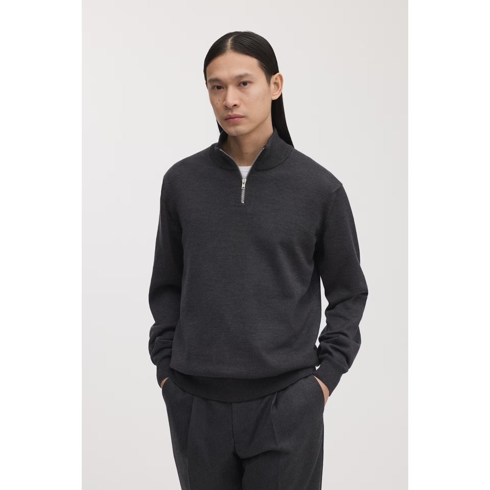 ASKET Mens The Merino Half Zip Sweater Charcoal Melange‎ Gray Sz XL Long NWOT